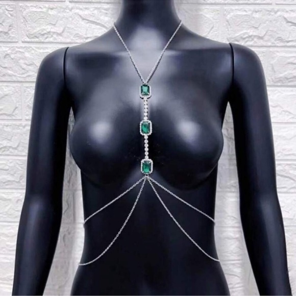 Emerald Silver Zircon Body Chain, Elegant, Classy, Minimalist, Punk - Picture 2 of 6